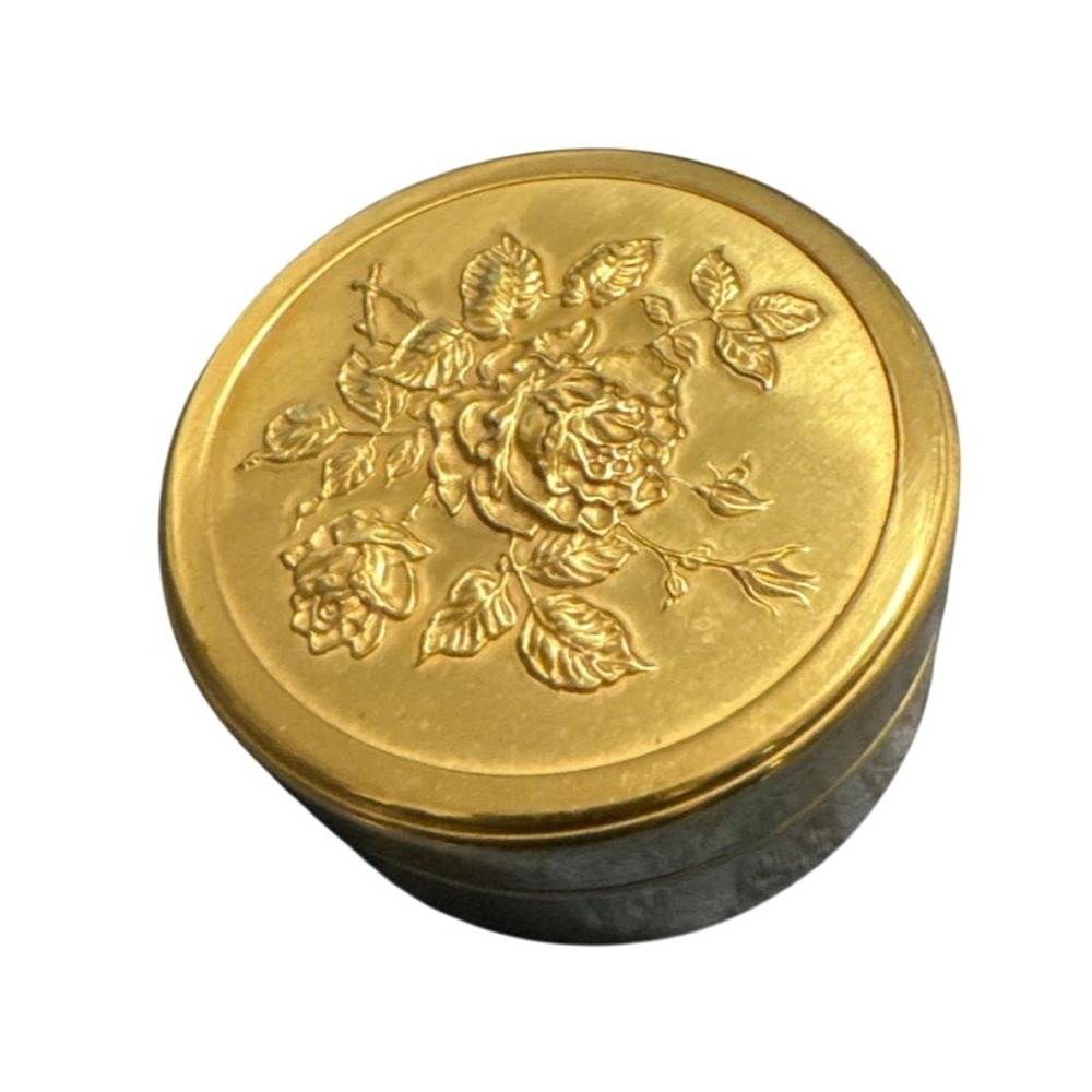 Vintage Hallmark Gold Tone Round‎ Trinket Box Floral Design Roses Shabby Cottage